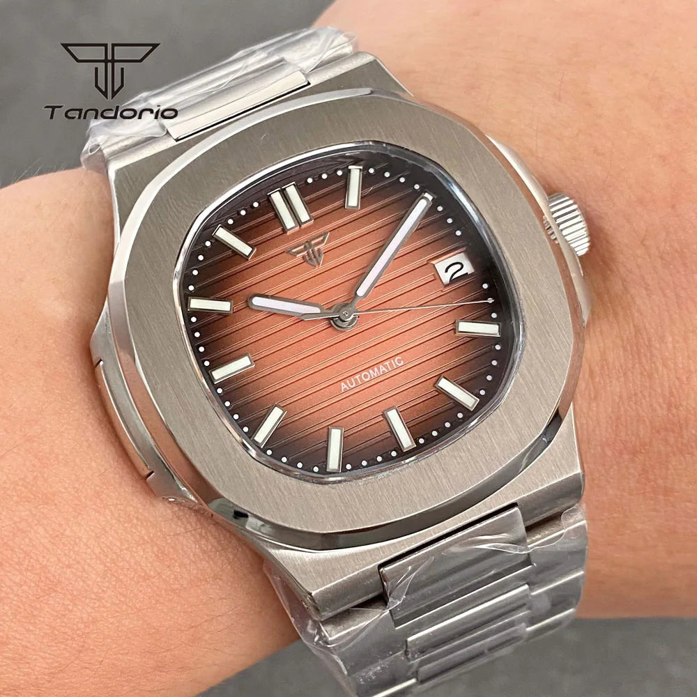Tandorio Square 40mm Men's Stainless Steel NH35 Automatic Watch Multicolor Dial Sapphire Date Brushed Mechanical Wristwatch Lume