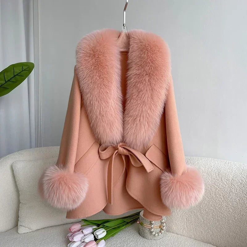 2023 Cashmere Wool Blends Coat Winter Autumn Women Jacket Real Fox Fur Collar Loose Thick Warm Outerwear Streetwear