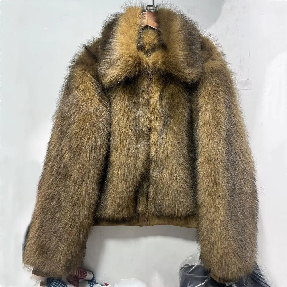 Winter Gradient Brown Long Hairy Shaggy Raccoon Faux Fur Coat Full sleeve Furry Women Big Lapel Furry Coat Loose Short Outerwear