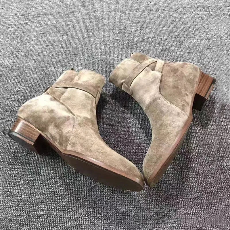 Buckle Men Chelsea Boots Handmade High-quality Cow Suede Khaki Fashion Winter Business Casual Mid-heel Ankle Men Shoes Boots