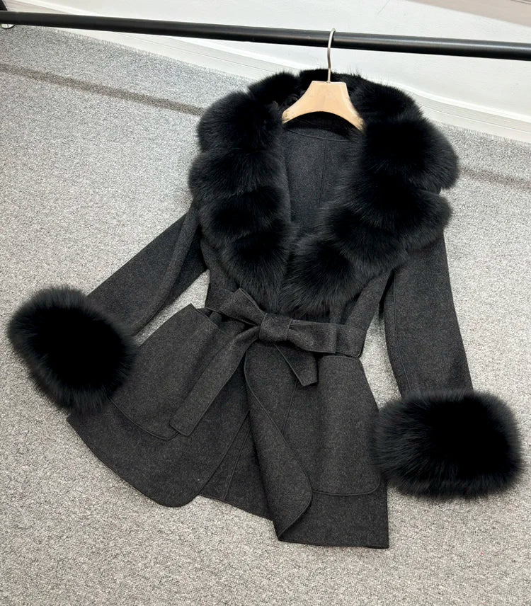 Lagabogy 2025 Large Natural Fox Fur Collar Cuffs Winter Cashmere Wool Blends Women Slim Fit Suit Double Sided Woolen Trench Coat