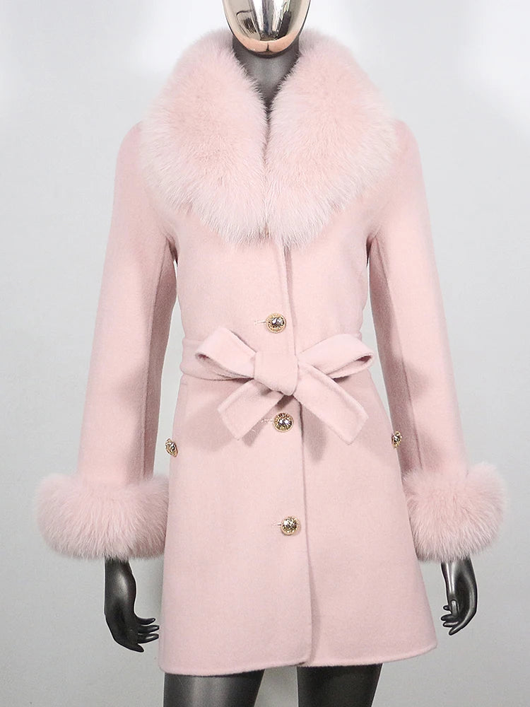 2022 Winter Jacket Women Real Fur Coat Natural Fox Fur Collar Cuffs Belt Cashmere Wool Woolen Warm Outerwear Fashion Streetwear