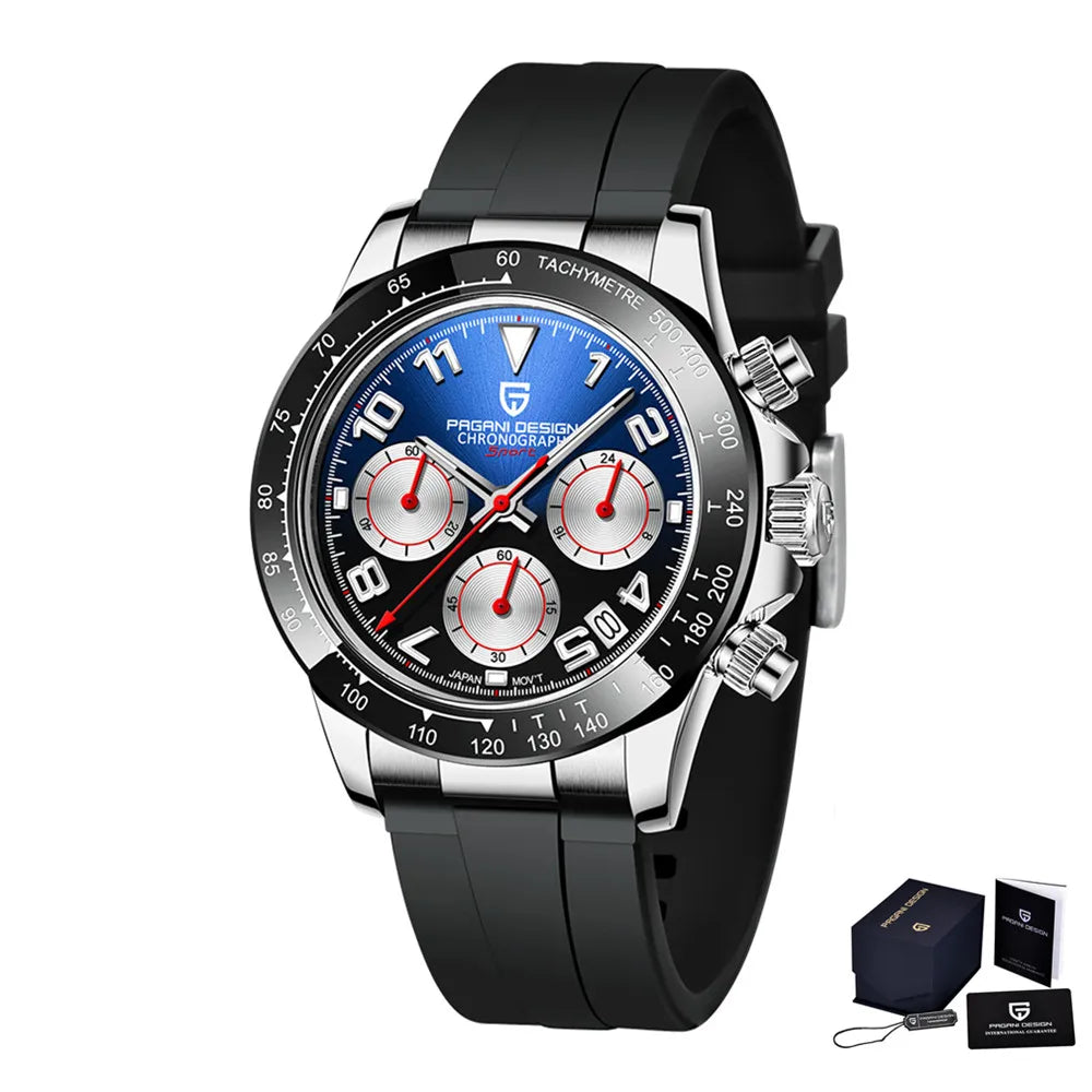 PAGANI DESIGN Luxury Brand Rubber Quartz Chronograph Watch Men Japan VK63 Movt Sapphire Glass Waterproof Clock Reloj Hombre