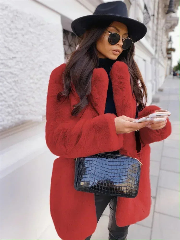 Women Purple Long Sleeve Lapel Winter Coat 2024 New Fashion Temperament Office LadyWhite Fur Jackets Clothing Red