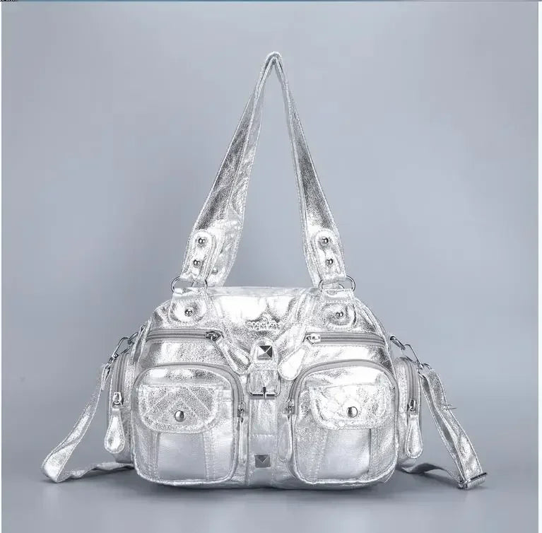 Ladies Handbags Vintage Fashion Tote Bag Women Punk Biker Satchel Top-handle Shoulder Crossbody Bag Multi-pockets Dumpling Pack