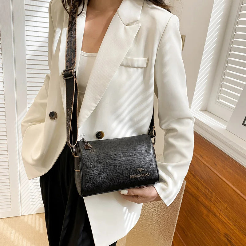 Ladies Genuine Leather Crossbody Bags Fashion Wide Strap Shoulder Messenger Bag for Women Luxury Brand Cowhide Wallets Clutch