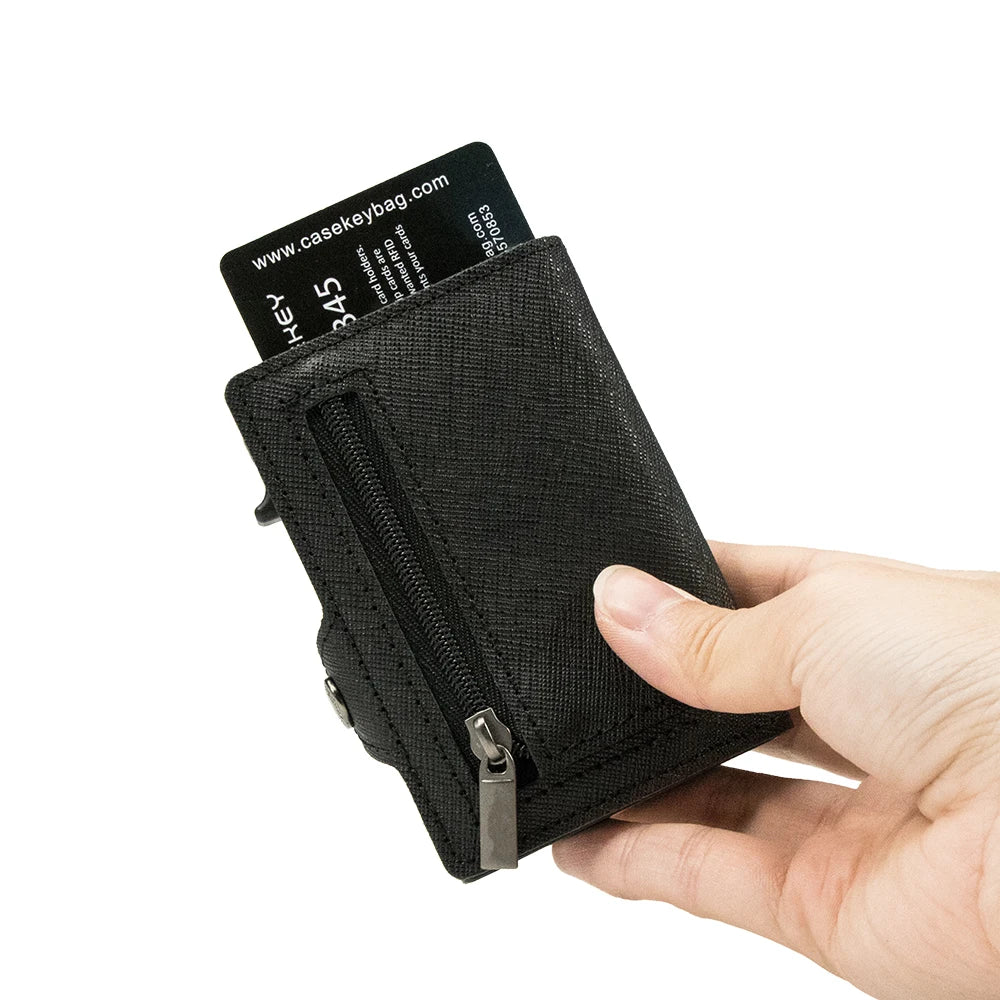 CASEKEY Slim Men Wallet Saffiano Genuine Leather Pop Up Credit Card Holder Billetera RFID Blocking Smart Wallet with Coin Purse
