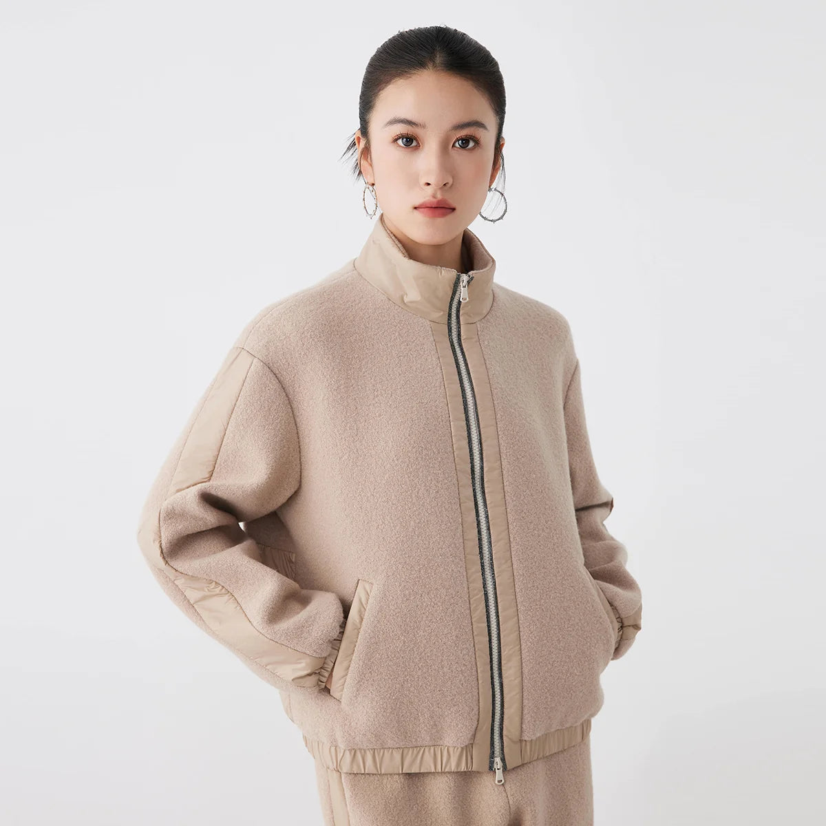K2638W High quality women's clothing  luxury brand white goose down padded cotton stand-up collar jacket wool  coats