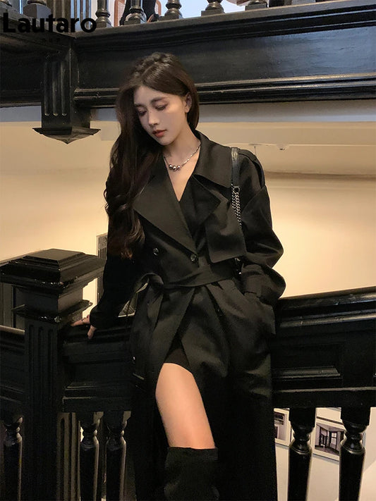 Lautaro Spring Autumn Long Black Hard Waterproof Trench Coat for Women Belt Double Breasted High Quality Luxury Overcoat 2024
