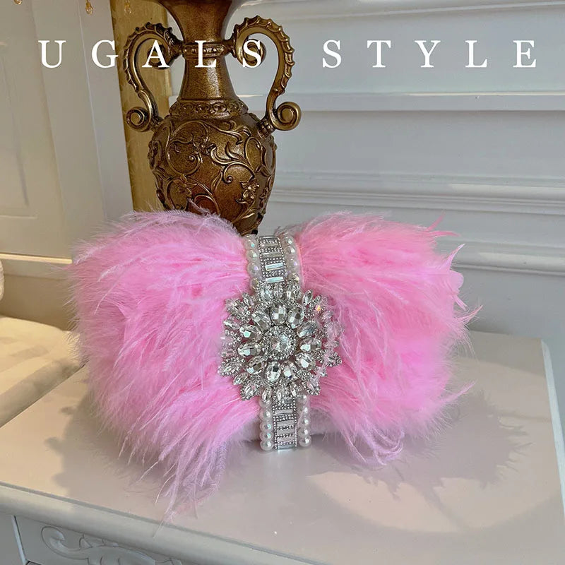 Luxury Ostrich Feather Handbags Diamond Bag Pearl Evening Bags For Women Shoulder Crossbody Bag Party Purse Wedding Clutch