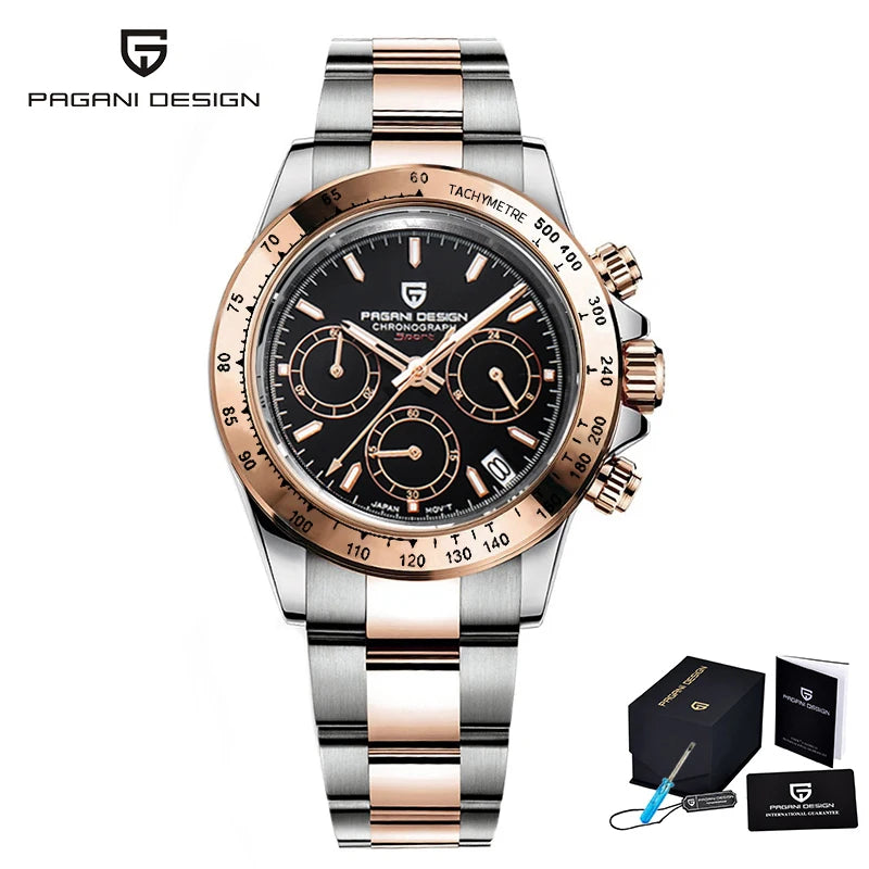 PAGANI DESIGN 2025 New Sport Chronograph Top Brand Luxury Quartz Watch For Men VK63 Automatic date 100M Waterproof Ceramic bezel
