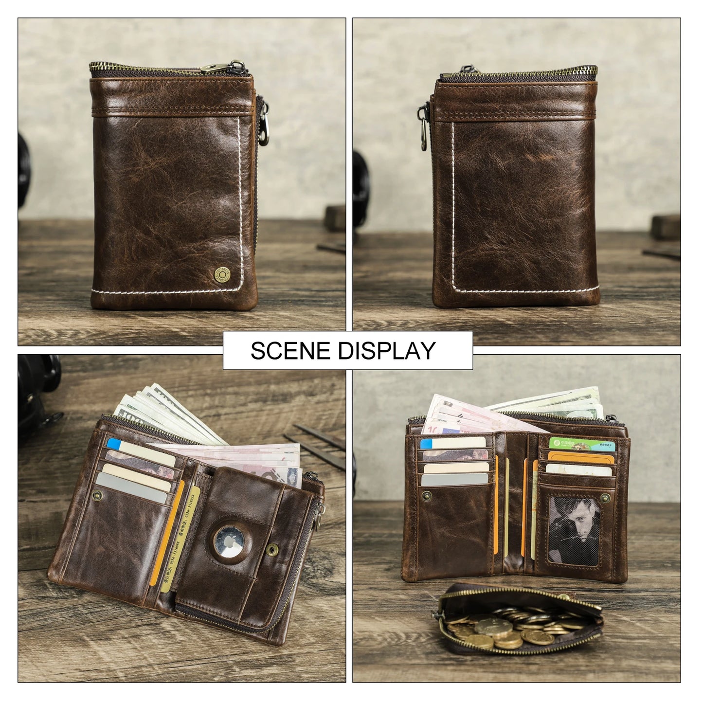 Crackle Oil Leather Short Bifold Wallets Men Quality Male Removable Wallet with airtag Clutch Slim Coin Pocket Card Holder Purse