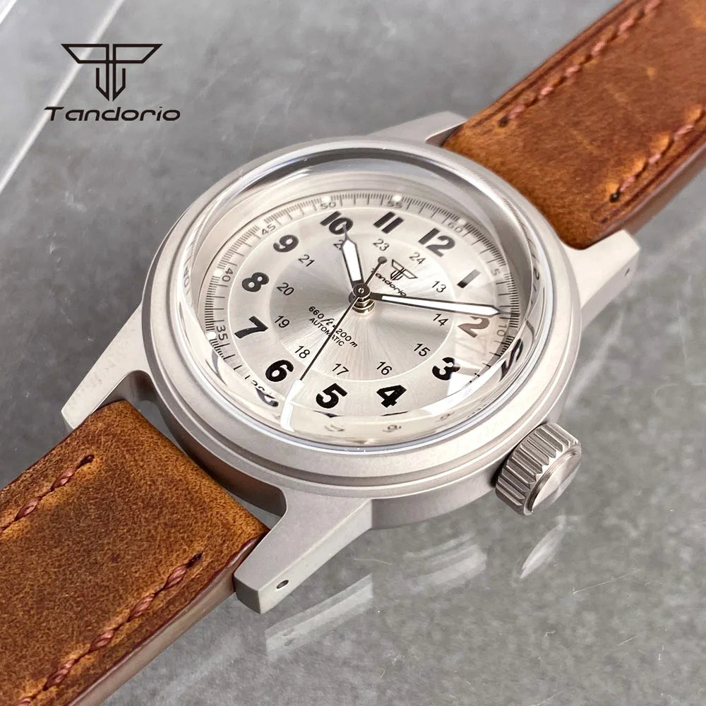 Tandorio Sandblasted 36mm Men's Dive Mechanical Wristwatch Domed Sapphire Crystal NH35 PT5000 20BAR Luminous Watch Date Leather