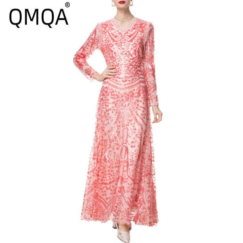 QMQA Fashion Women's Luxury Sequin Dress V-neck Long Sleeved High Waist Slimming Elegant Banquet Evening Dresses 2025 New QM167