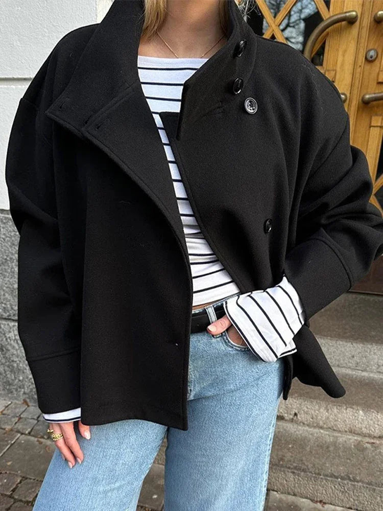 Solid Woolen Blend Casual Coat Women Stand Collar Long Sleeve Single Breasted Fashion Jacket Autumn Lady High Street New Outwear