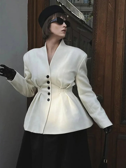 Elegant Solid Blazer Coat for Women Fashion Single Breasted V Neck Slim Jackets 2025 Spring Lady All-match Casual Tops Outwear