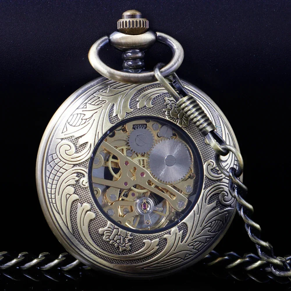 NEW Vintage Mechanical Pocket Watch Mens Hand-winding Skeleton Dragon Chain Retro Roman Numerals Display Pocket Clock