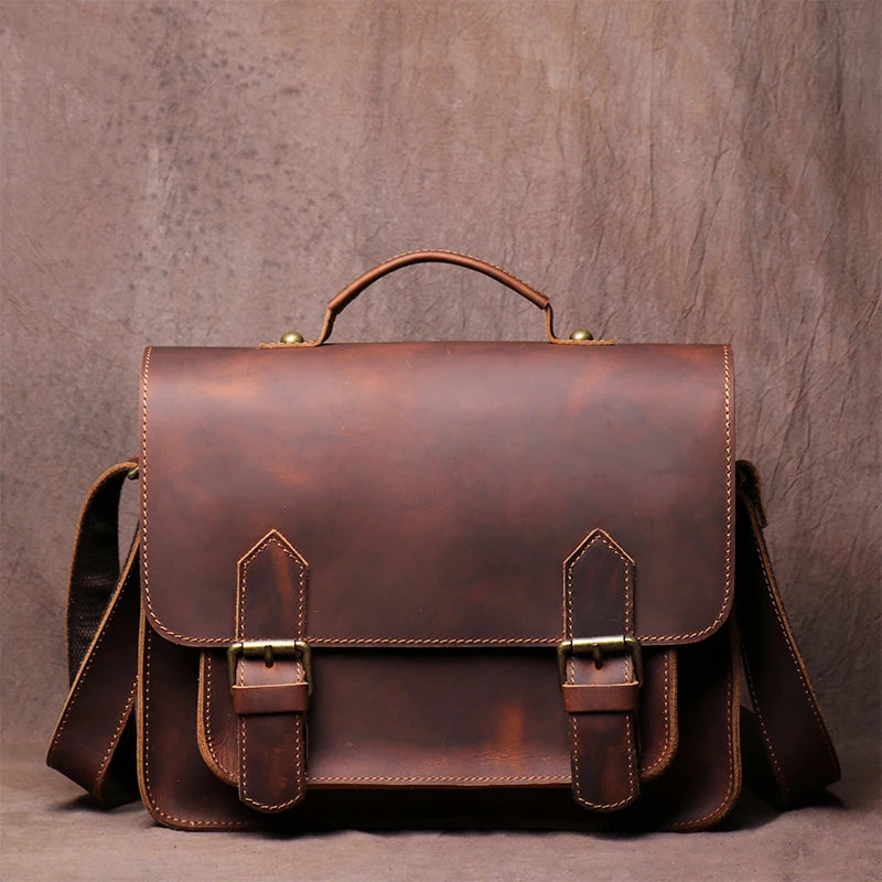 LUOKIR Men's Genuine Leather Handbag Vintage Cowhide Shoulder Crossbody Classic Flap Messenger Preppy Style Cambridge Book Bags