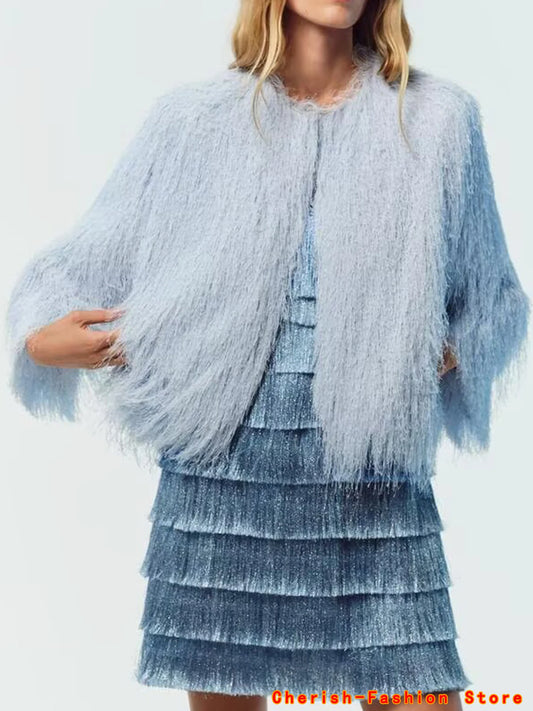 Brand Coat Minimalist Round Neck Tassels Jacket British Blue Jacket Elegant Jacket Winter Coat Jacket Women Tops 2025 New Coat