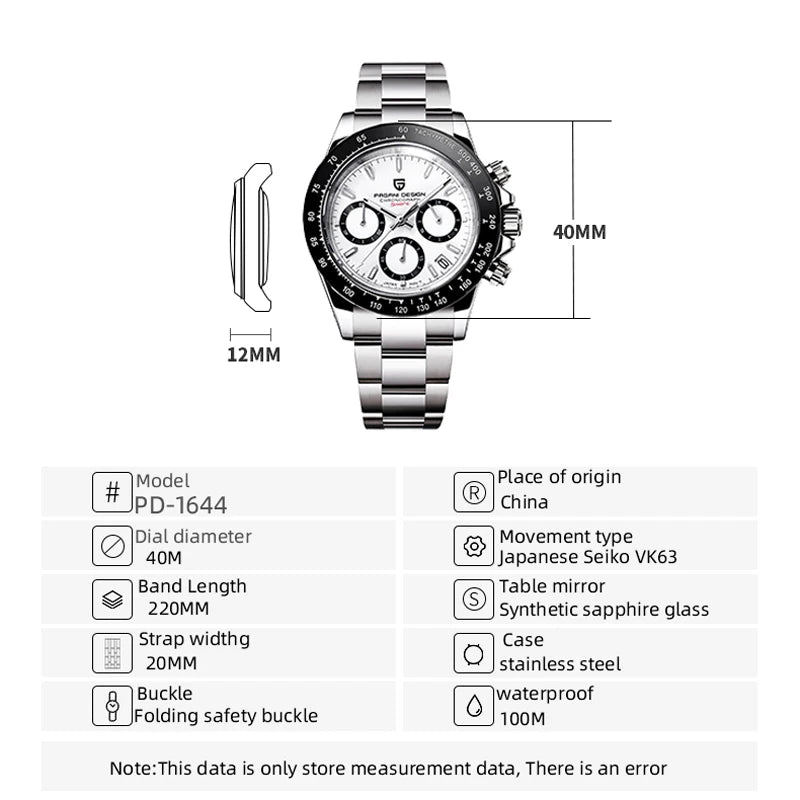 PAGANI DESIGN 2025 New Sport Chronograph Top Brand Luxury Quartz Watch For Men VK63 Automatic date 100M Waterproof Ceramic bezel
