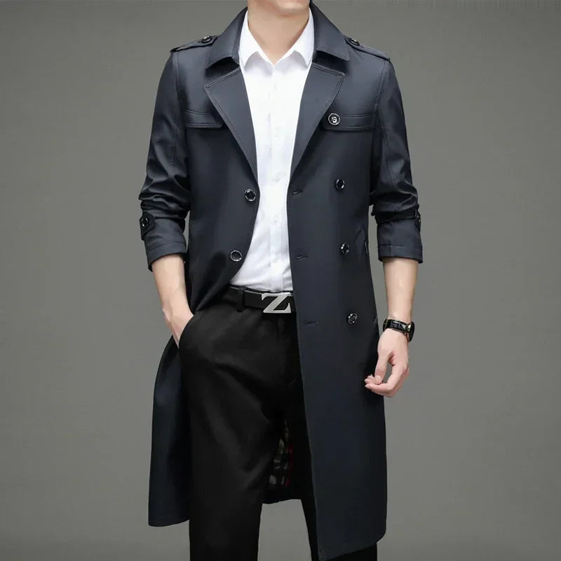 Luxurious Super Long Windbreaker Double-breasted Trench Coat Men’s Cotton Polyester Classic British Fashion Coat Brand Clothing
