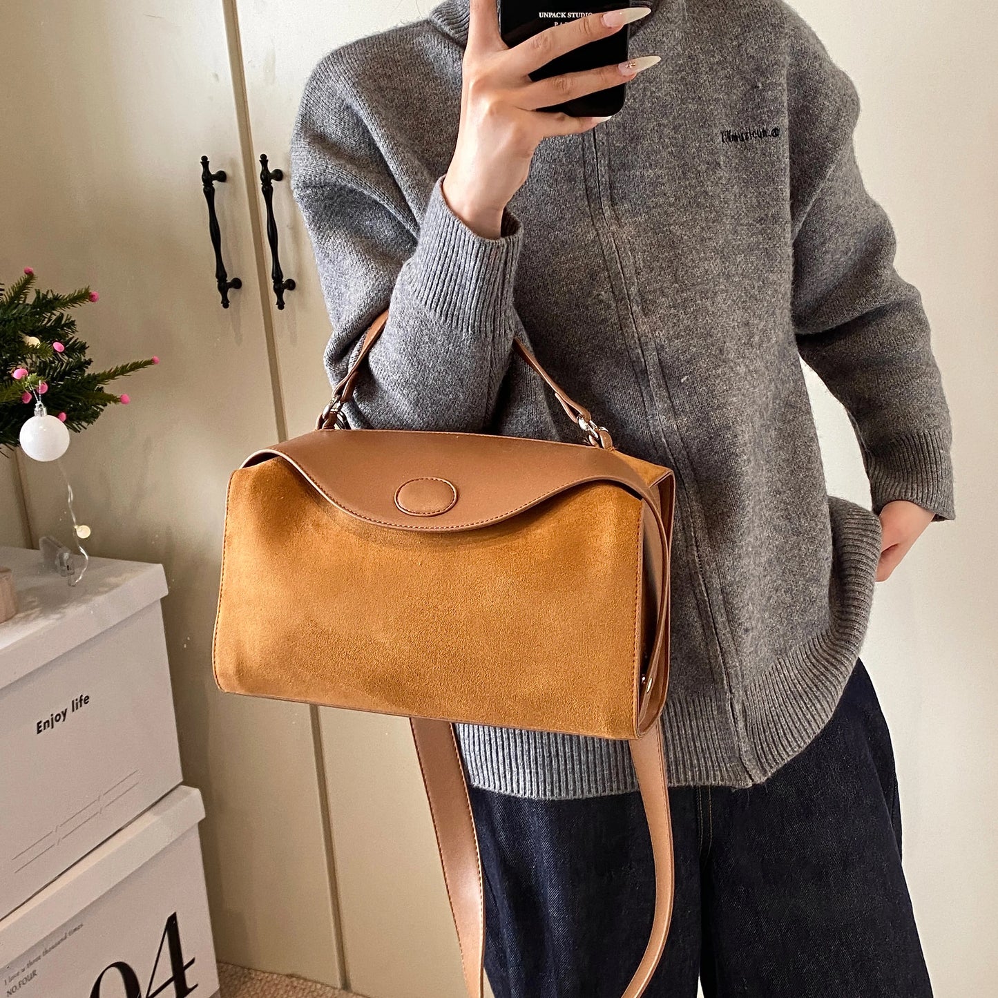 Womens Leather Handbag Designer Fashion Autumn Winter Big Boston Tote Soft Matte Suede Bag Lady Versatile Shoulder Crossbody Bag
