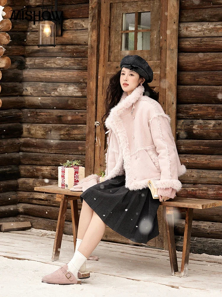 MISHOW Leather Fur Coat Lamb Wool Jacket Women Suede Plush Thickened Leather Button Spliced Clothes Wind Resistance MXD59W0746