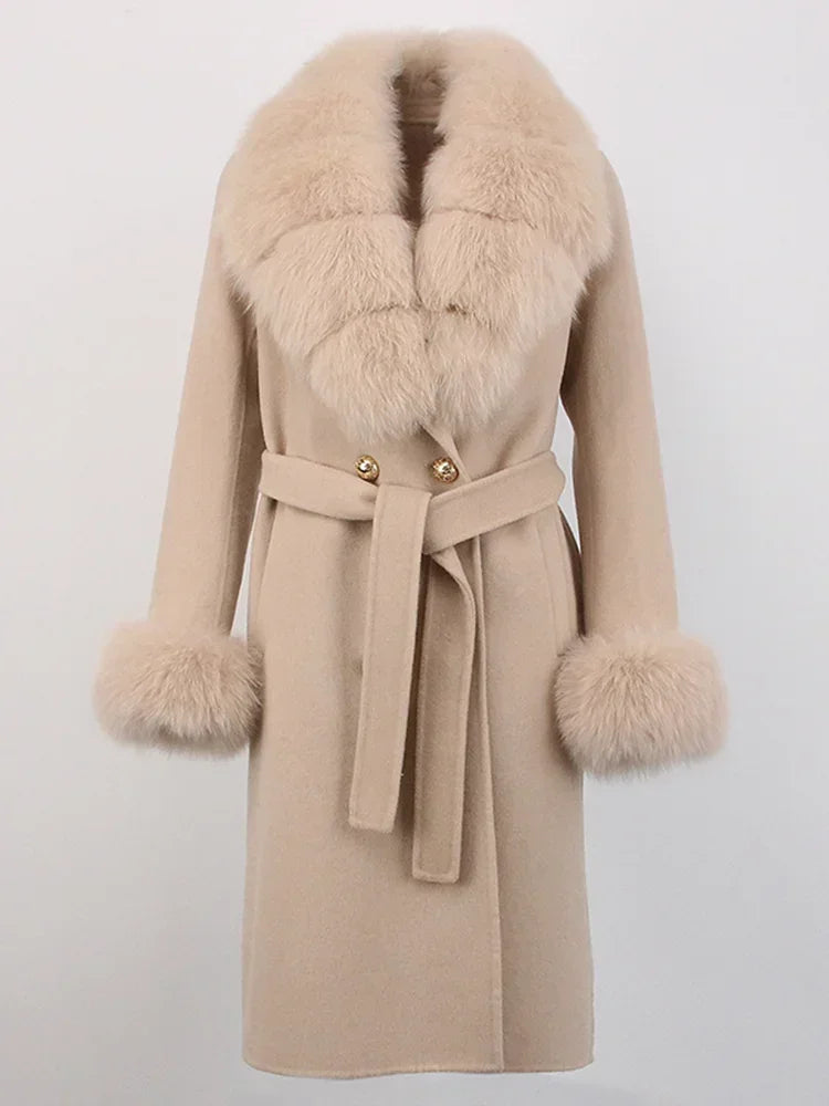 2024 Winter Jacket Women Long Natural Wool Blends Cashmere Real Fur Coat Double Breasted Belt Warm Wool Streetwear New Fashion