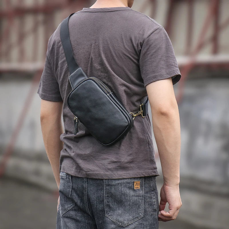 LUOKIR Men's Genuine Leather Chest Bag Cowhide Crossbody Simple Outdoor Small Backpack Casual Fashion Shoulder Sling Bags