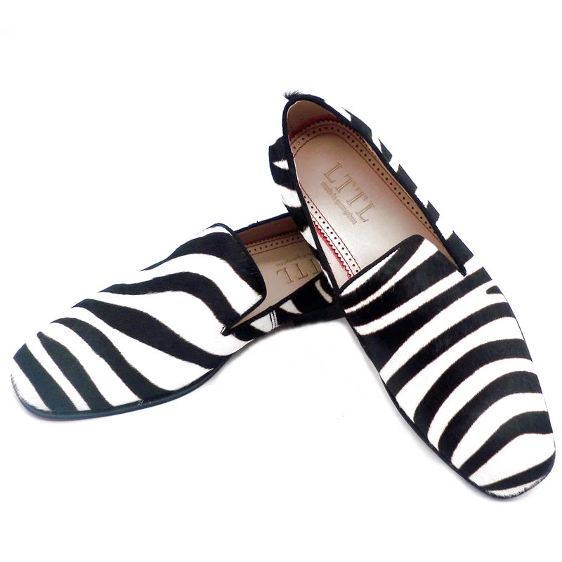 Luxury Brand Black And White Zebra Striped Shoes Men Horsehair Leather Loafers Slip On Dress Shoes Men's Flats Casual Shoes