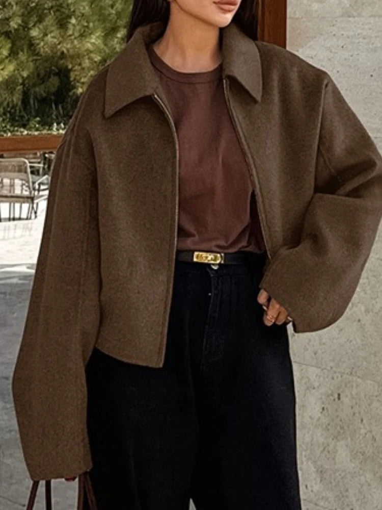 Fashion Brown Zipper Woolen Jacket for Women Elegant Lapel Long Sleeve Short Coats Female Vintage Autumn Lady Street Outerwear
