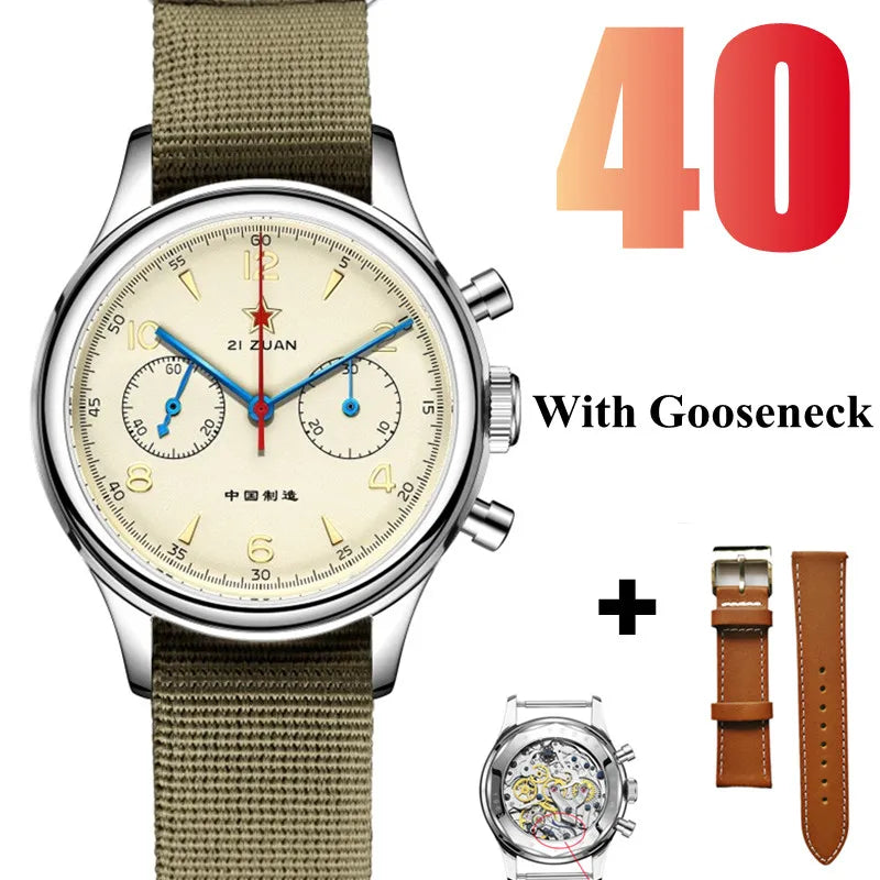 Red Star 1963 Chronograph 38mm Men's Mechanical Pilot with Seagull ST1901 Movement Watch Air Force Aviation 40mm Stop WristWatch