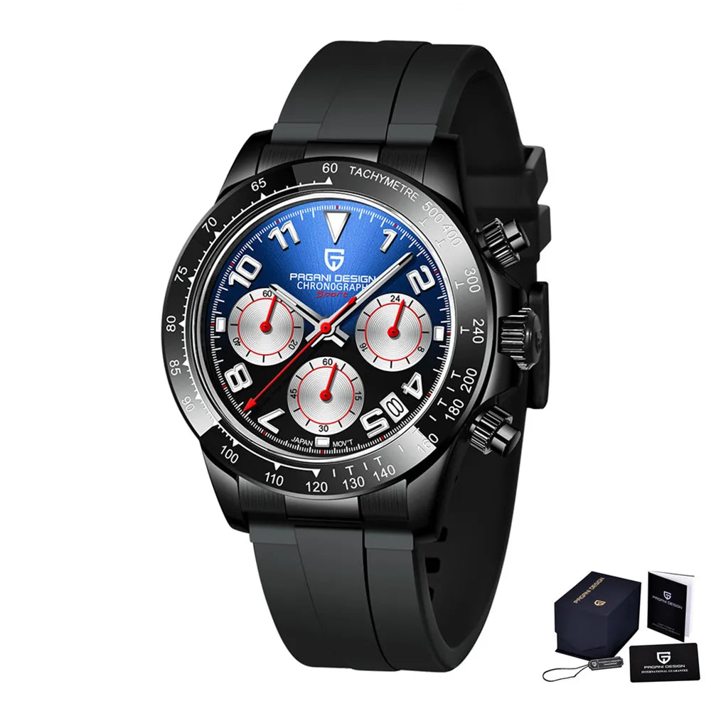 PAGANI DESIGN Luxury Brand Rubber Quartz Chronograph Watch Men Japan VK63 Movt Sapphire Glass Waterproof Clock Reloj Hombre