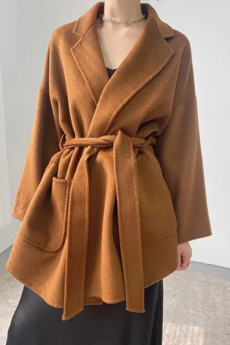 2024 Winter Casual Adjustable Waist Wool Coat Women  Water Ripples Woolen Coat Jackets female New Autumn Camel Coat Commuting