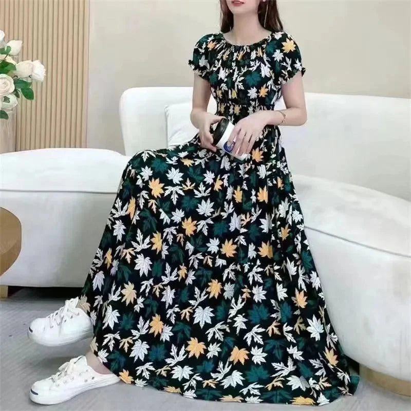 Cotton Silk floral Short sleeved Dress Beach vacation Big swing Dress New Summer 2025 Printed One neck Long Dresses