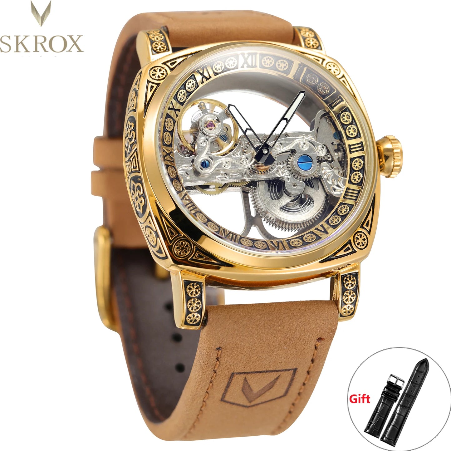 SKROX Designer Luxury Hollow Skeleton Automatic Movement Mechanical Clock Gold Man Watch Elegant Fashion Male Wrist Watches 2025
