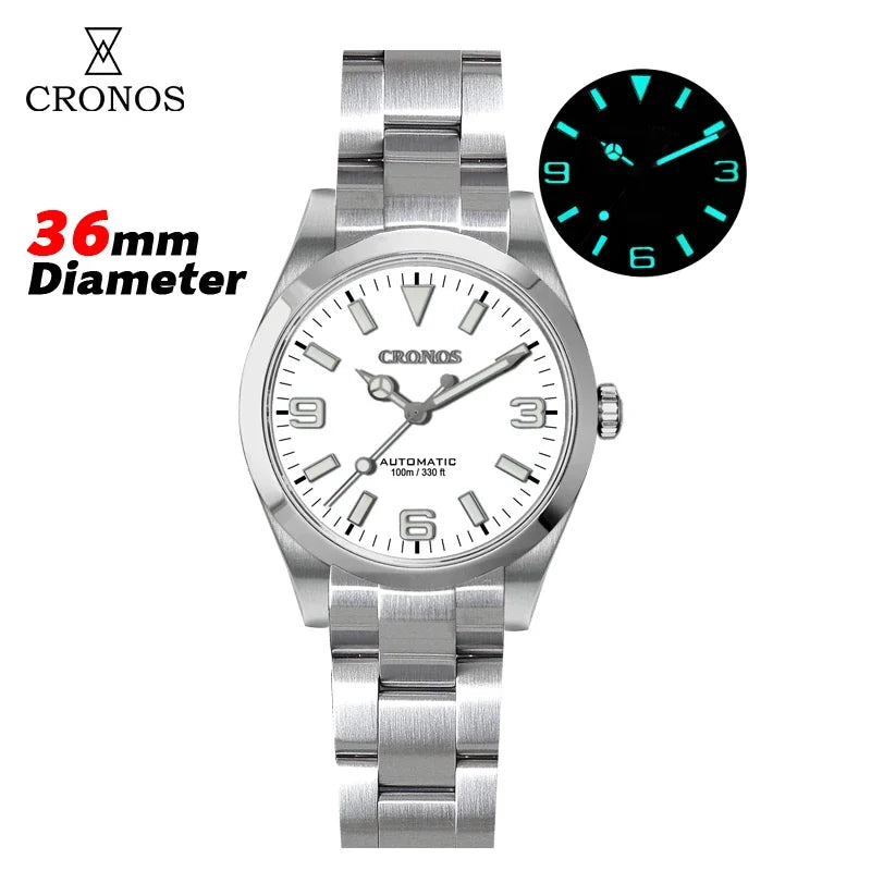Cronos 36mm EX Men Watch NH35 Automatic Movement Mechanical Watches Waterproof 10Bar Sapphire Bushed Bracelet Wristwatch L6019