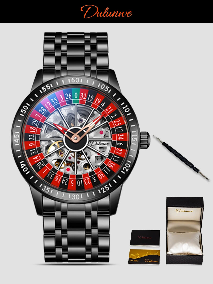DULUNWE Men's Automatic Watch Luxury Rotating Roulette Mechanical Skeleton 30M Waterproof