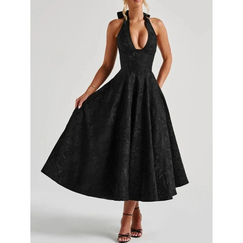 Deeptown Elegant Evening Party Dresses for Women Halter V-neck Pleated Long Dress Sexy Backless Prom Gown Summer Red Midi Dress