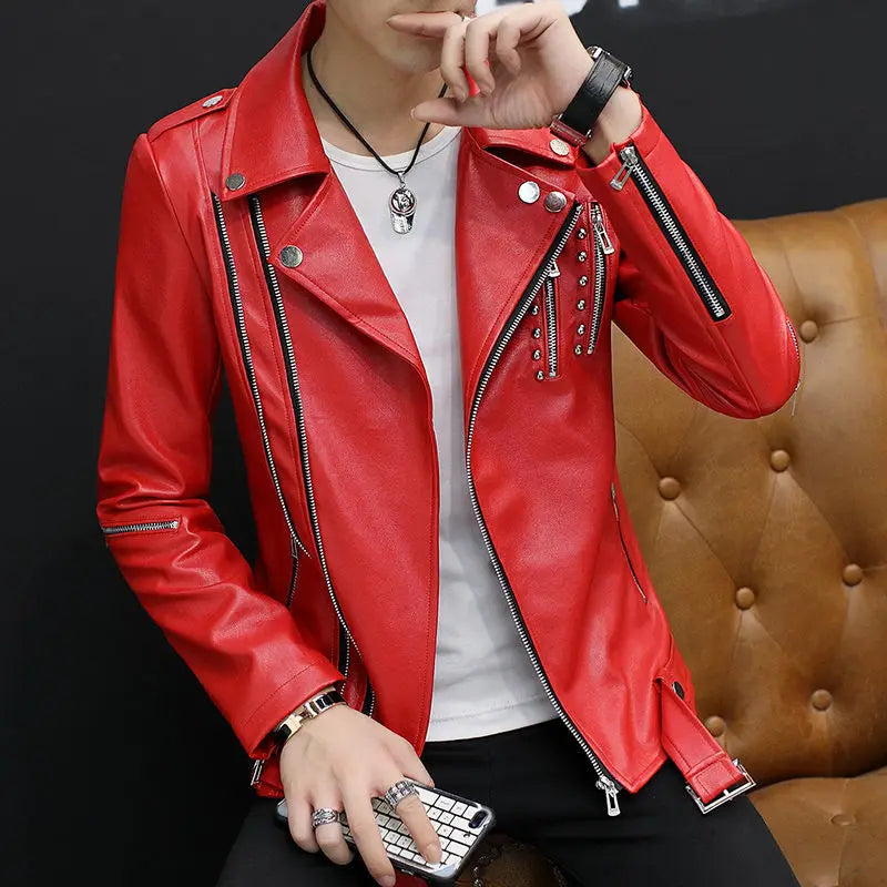 2024 Autumn Men's Leather Jacket, Suit Collar Coat Slim Men's Short Motorcycle clothing