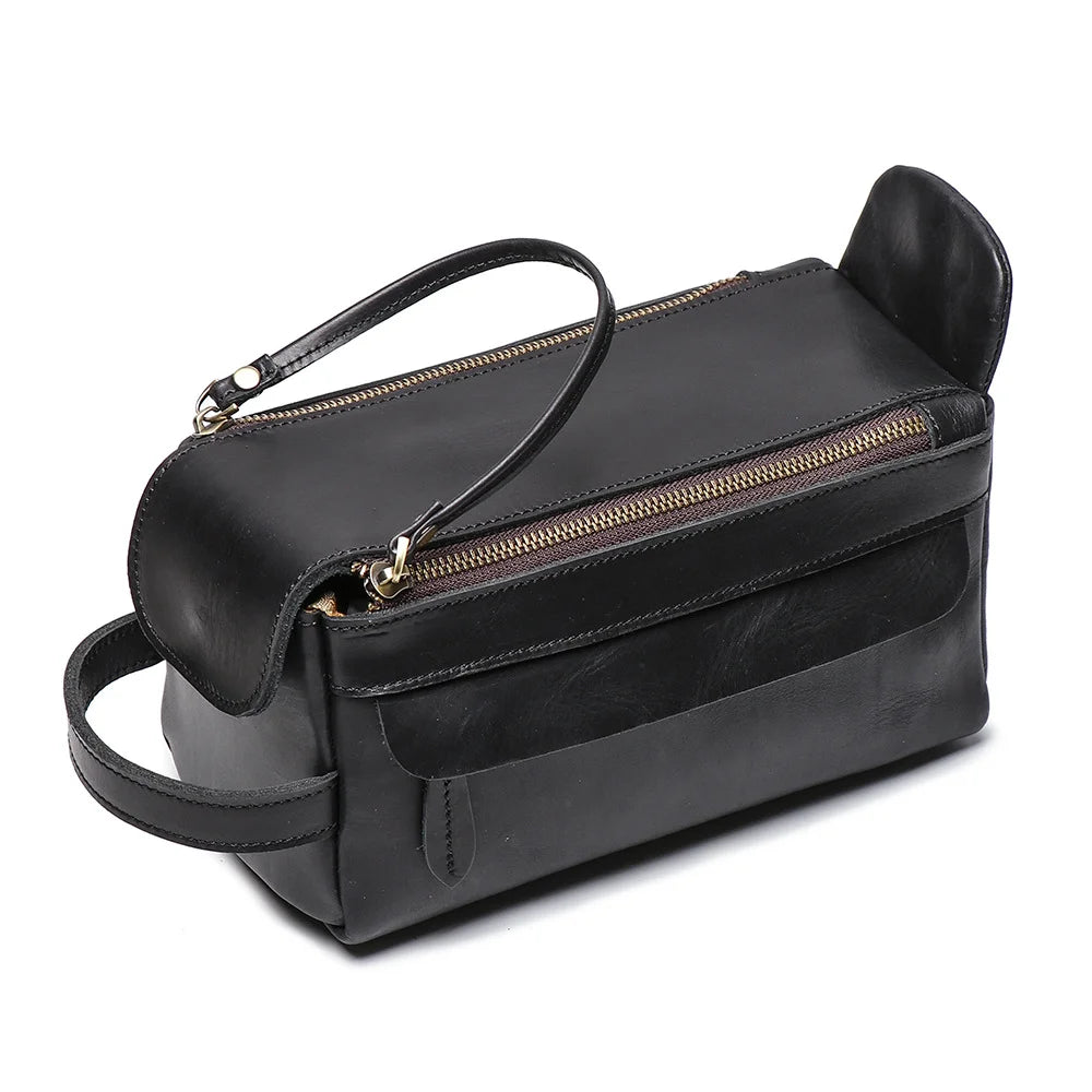 LUOKIR Vintage Multi-functional Genuine Leather Handbag Men's Makeup Bag Large Capacity Crazy Horse Leather Toiletry Organizer
