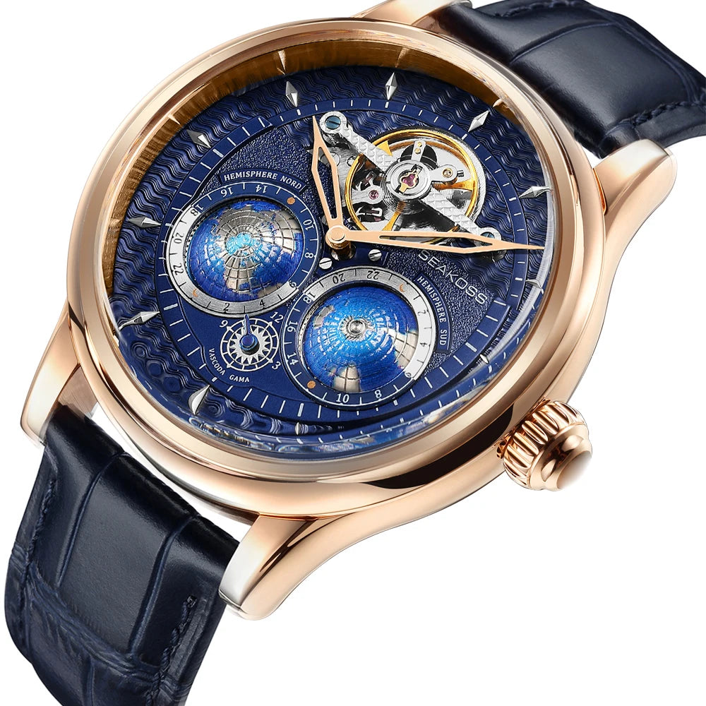 SEAKOSS 3D Double Earth Rotating Men's Mechanical Watch Automatic Movement Waterproof Clock Pilots Male 1963 Flywheel Watches