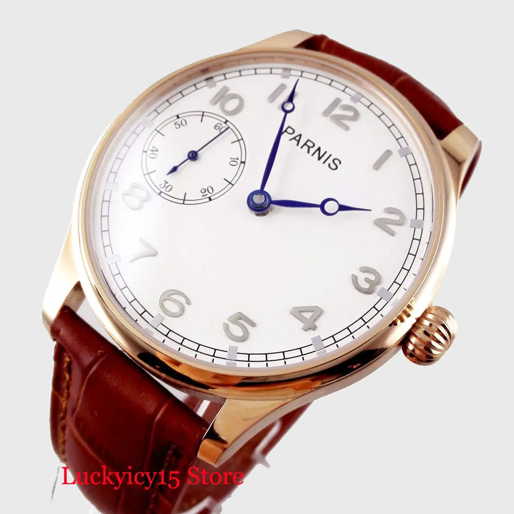 Rose Gold Hand Winding Round Wristwatch White Dial Gold Hand 6497 Movement 44mm Men Watches