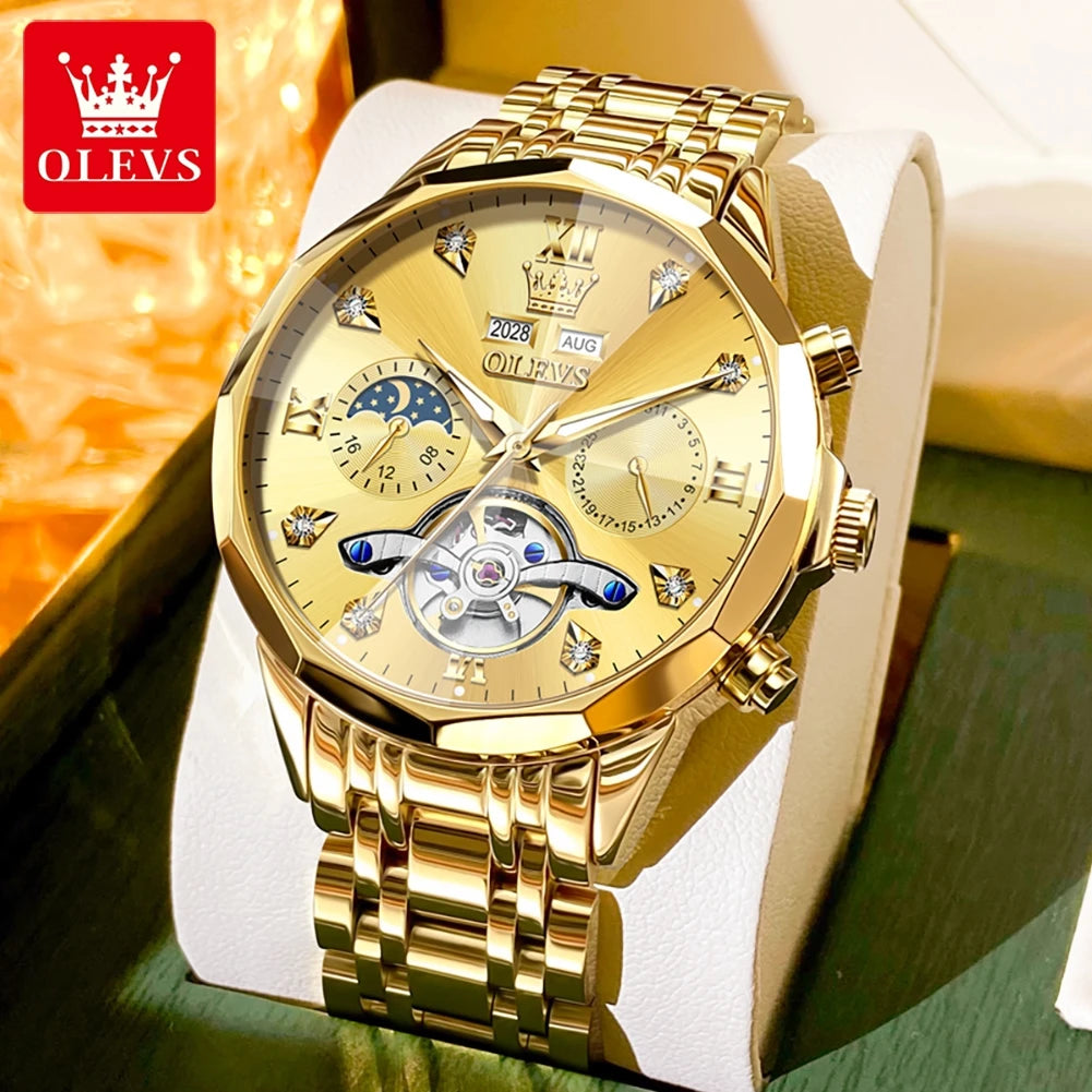 OLEVS 6621 Mens Watch High-end Automatic Mechanical Watches Flywheel Hollow Dial Calendar Moon phase Waterproof Man Wristwatch