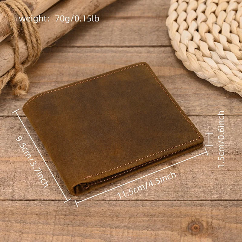 Men Genuine Leather Pocket Wallet Card Holder Sling Cow Leather Purse For Men Brown Retro Crazy Horse Leather Casual Short Purse