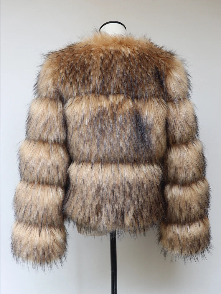HJQJLJLS 2022 Winter Women Fashion Faux Raccoon Fur Coat Luxury Short Fluffy Fur Jacket Outerwear Women Fuzzy Coat Overcoat