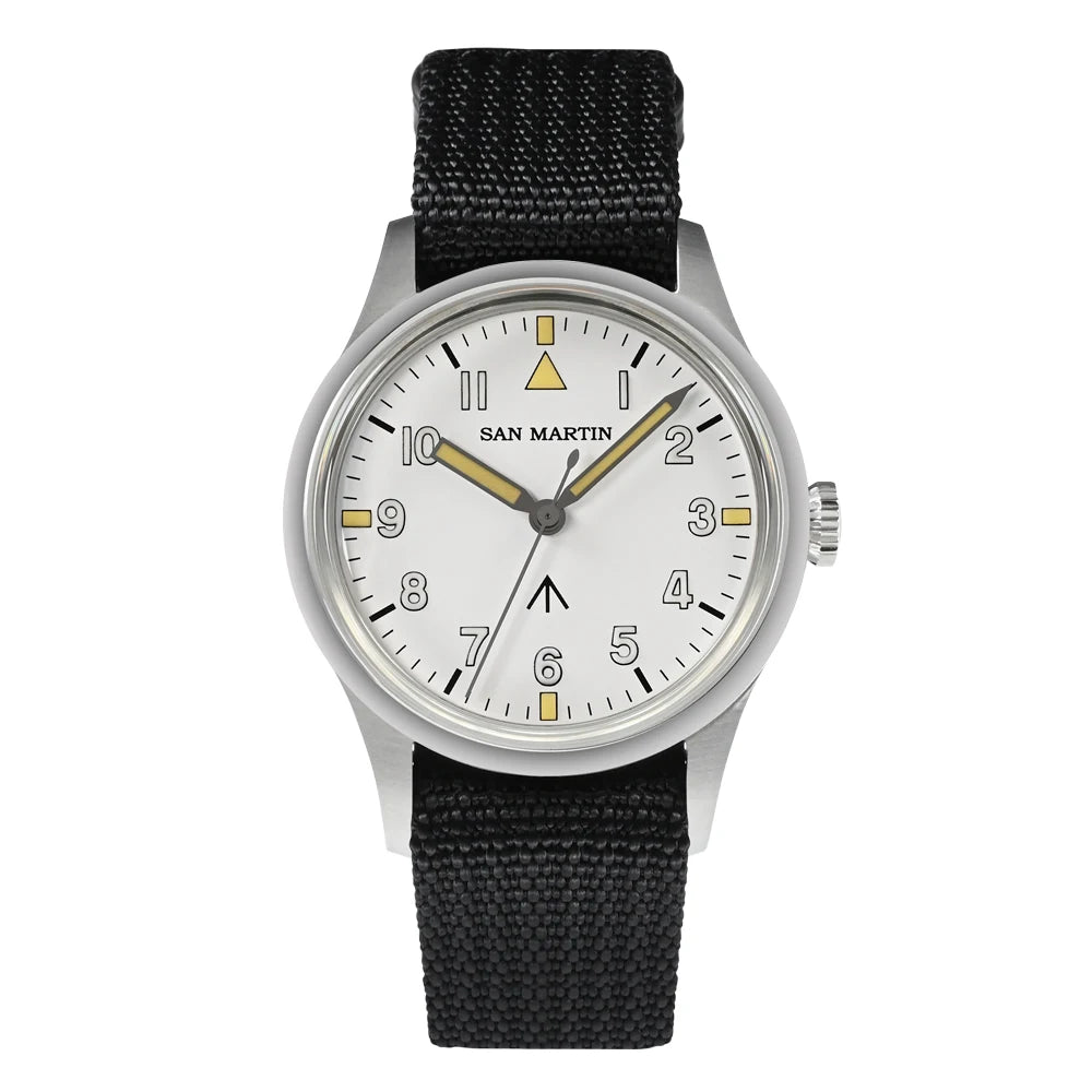 San Martin 36mm Men Pilot Watch VH31 Mechaquartz Movement Sweep Second Quartz Series Simple Style Nylon Strap 10 Bar Luminous