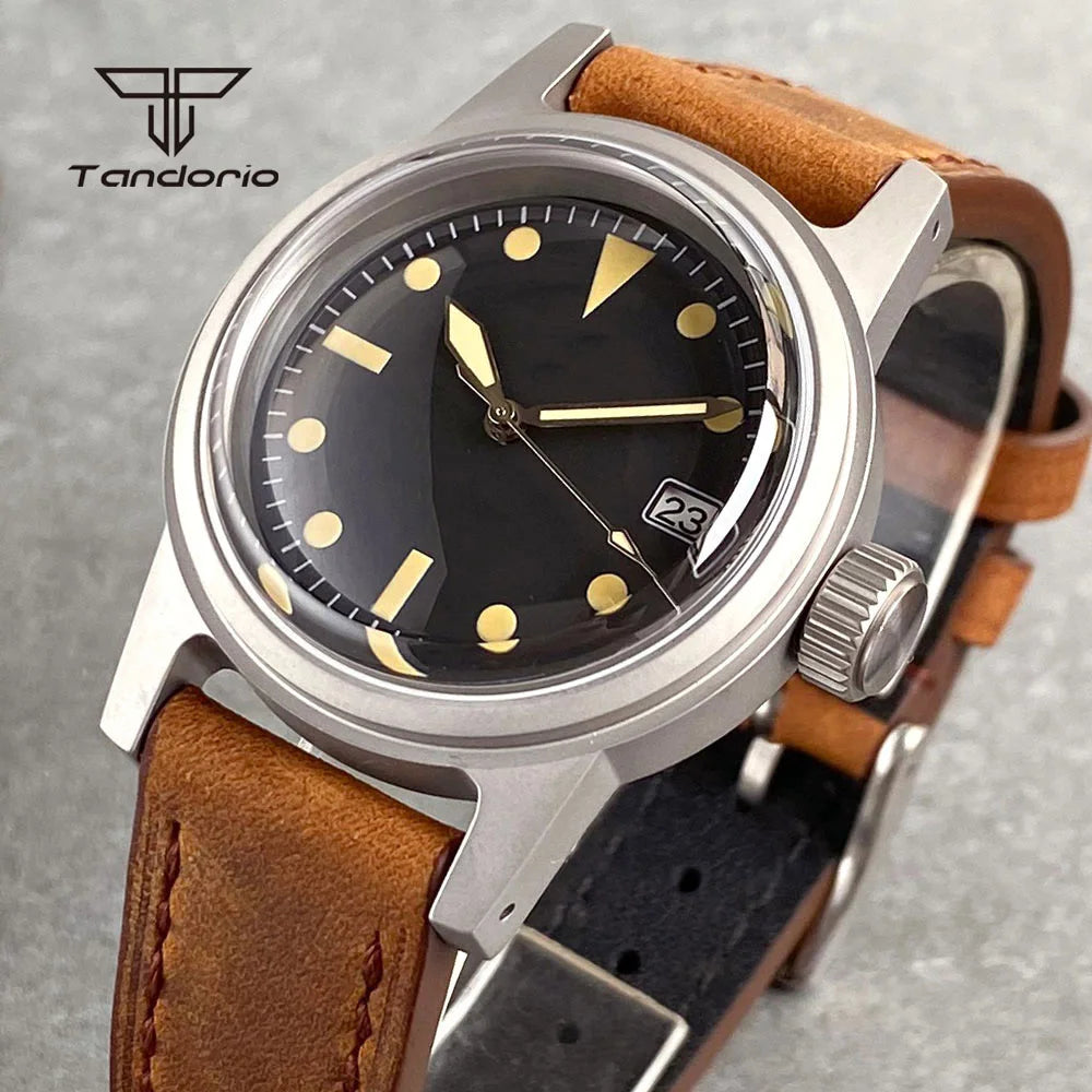 Tandorio Sandblasted 36mm Men's Dive Mechanical Wristwatch Domed Sapphire Crystal NH35 PT5000 20BAR Luminous Watch Date Leather