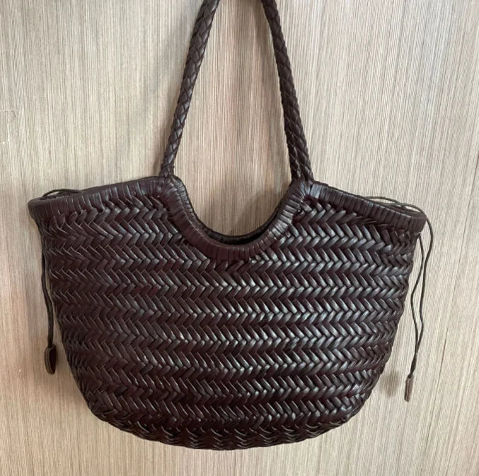 Hand Knitted Designer Genuine Leather Elegant Handle Female Totes Vintage Women's Handbag Cowskin Lady Large Shoulder Bag