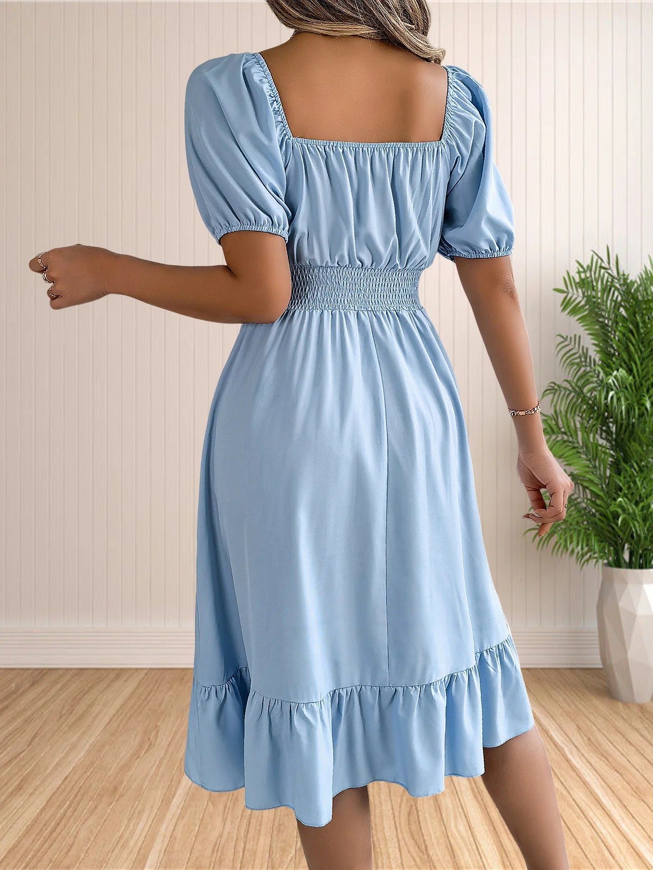 Women's Boho Square Neck Puff Short Sleeve Self Tie Front A Line Dress